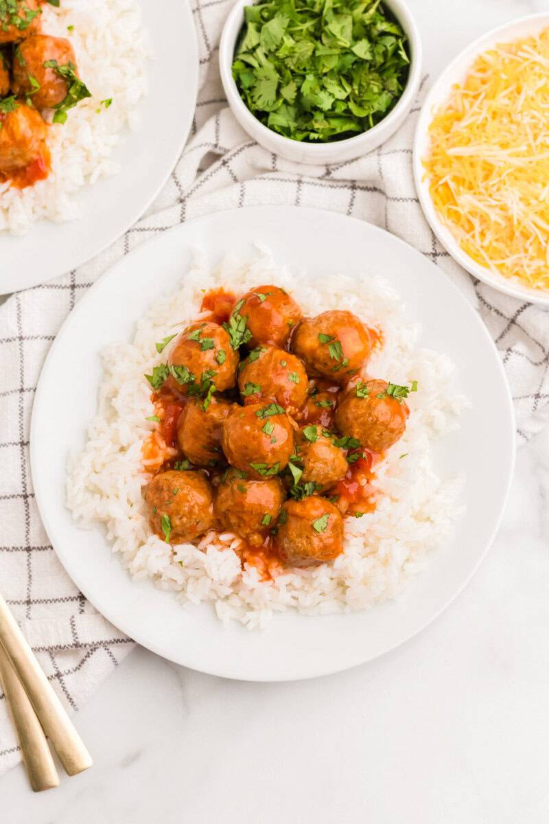 top-down view of the Enchilada Meatballs served over rice.