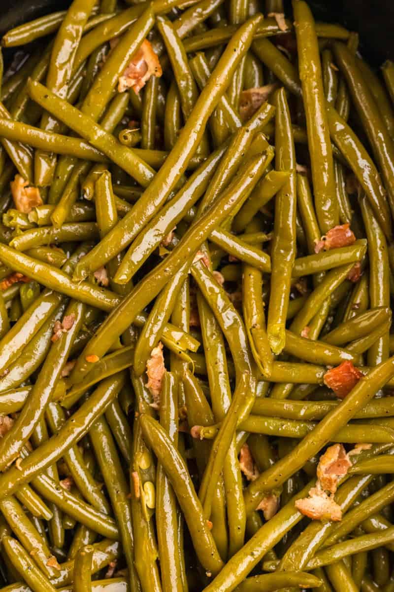 closeup of the green beans in the slow cooker.