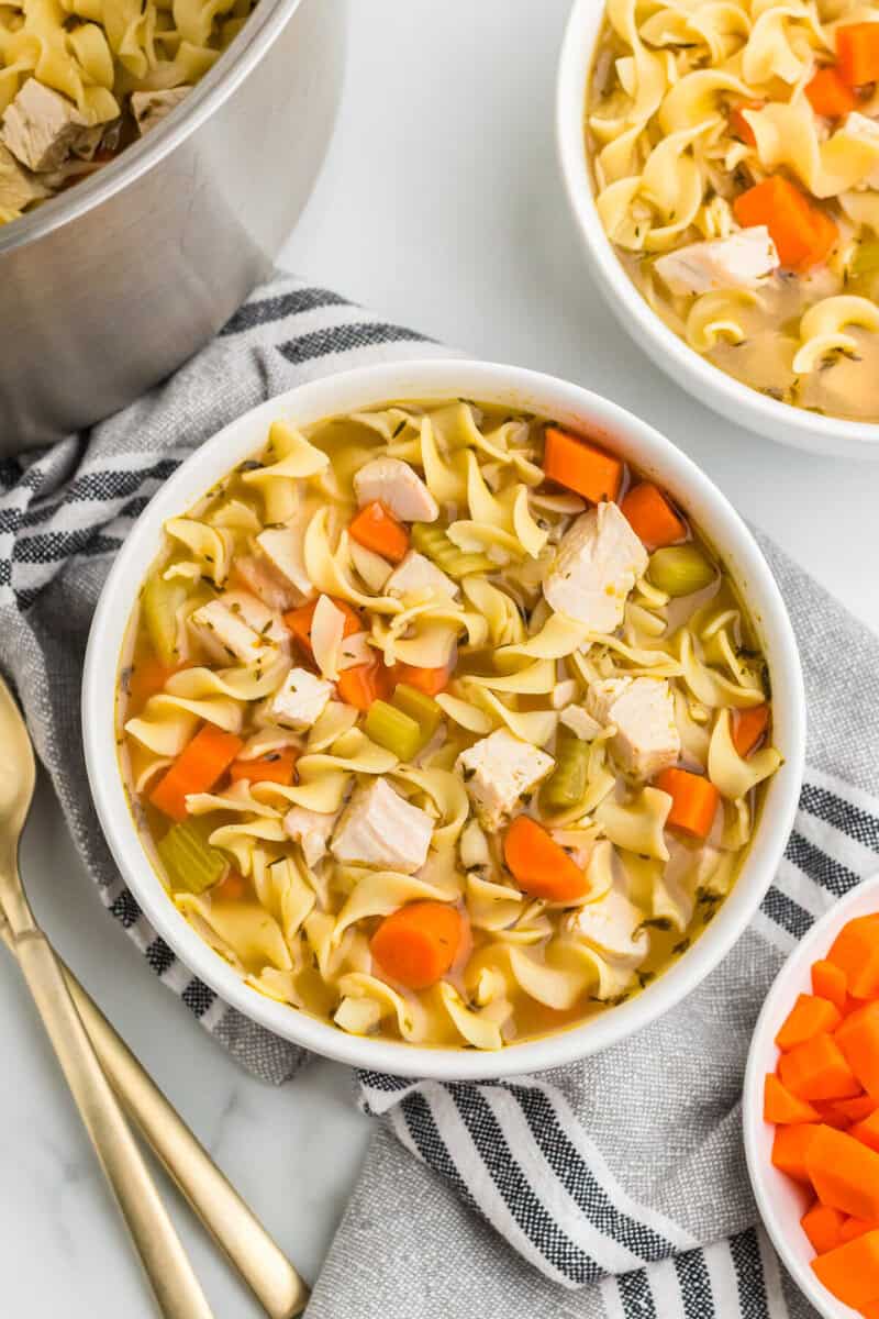 top-down view of the Turkey Noodle Soup in a white bowl.
