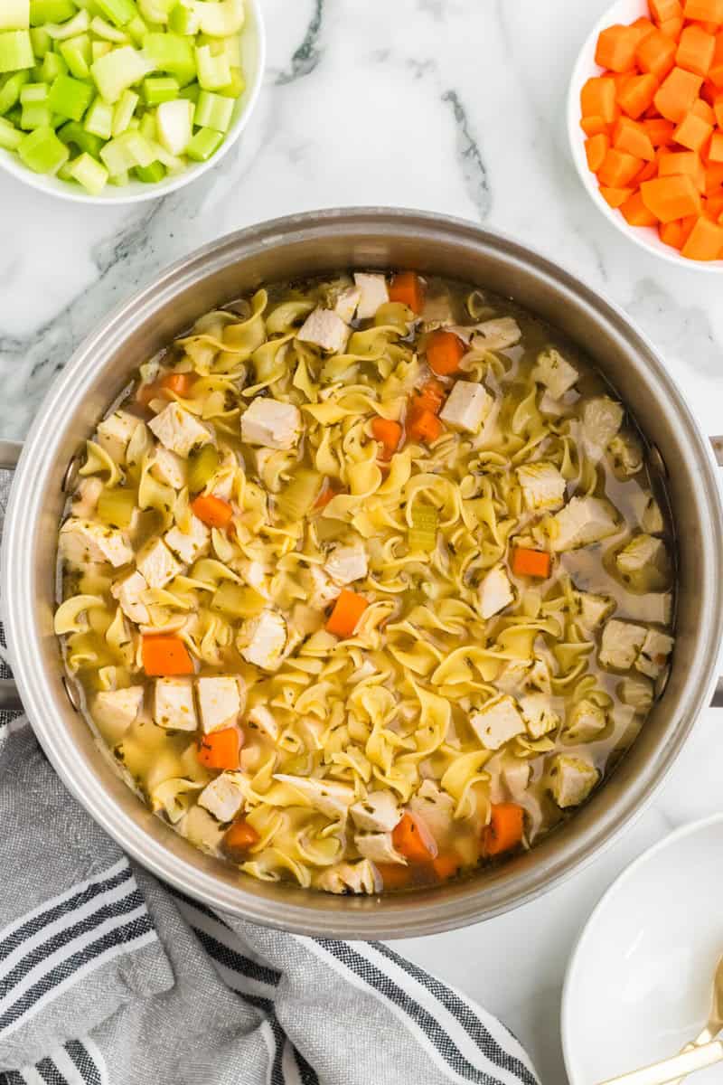top-down view of the Turkey Noodle Soup in a large pot.