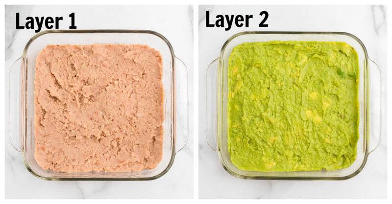 Layers 1 and 2 of the 5 Layer Dip. The refried beans and the guacamole.