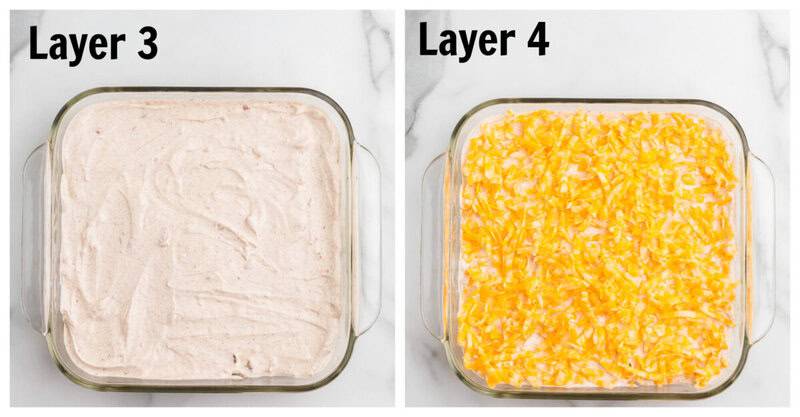 Collage of Layers 3 and 4, the taco seasoned sour cream and shredded cheese.