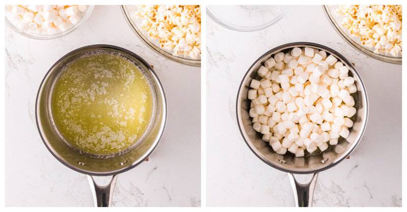 melting the butter and marshmallows in a pot.