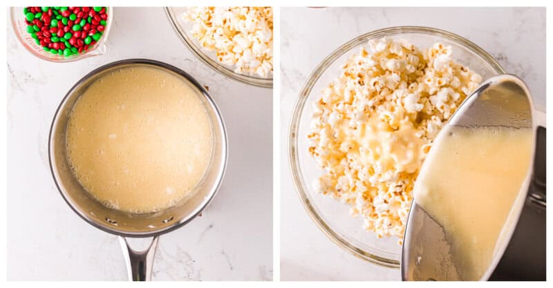 pouring the melted marshmallows over the popcorn.