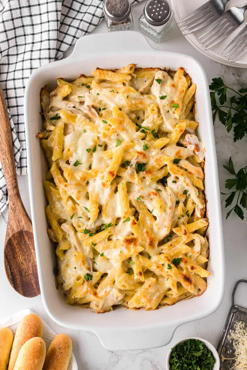 top-down view of the chicken alfredo bake in casserole dish.