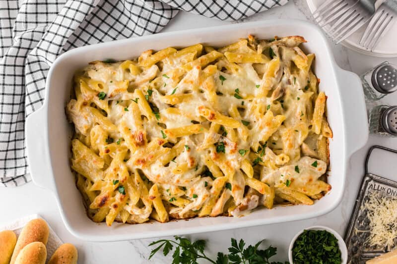 top-down view of the Chicken Alfredo Bake.