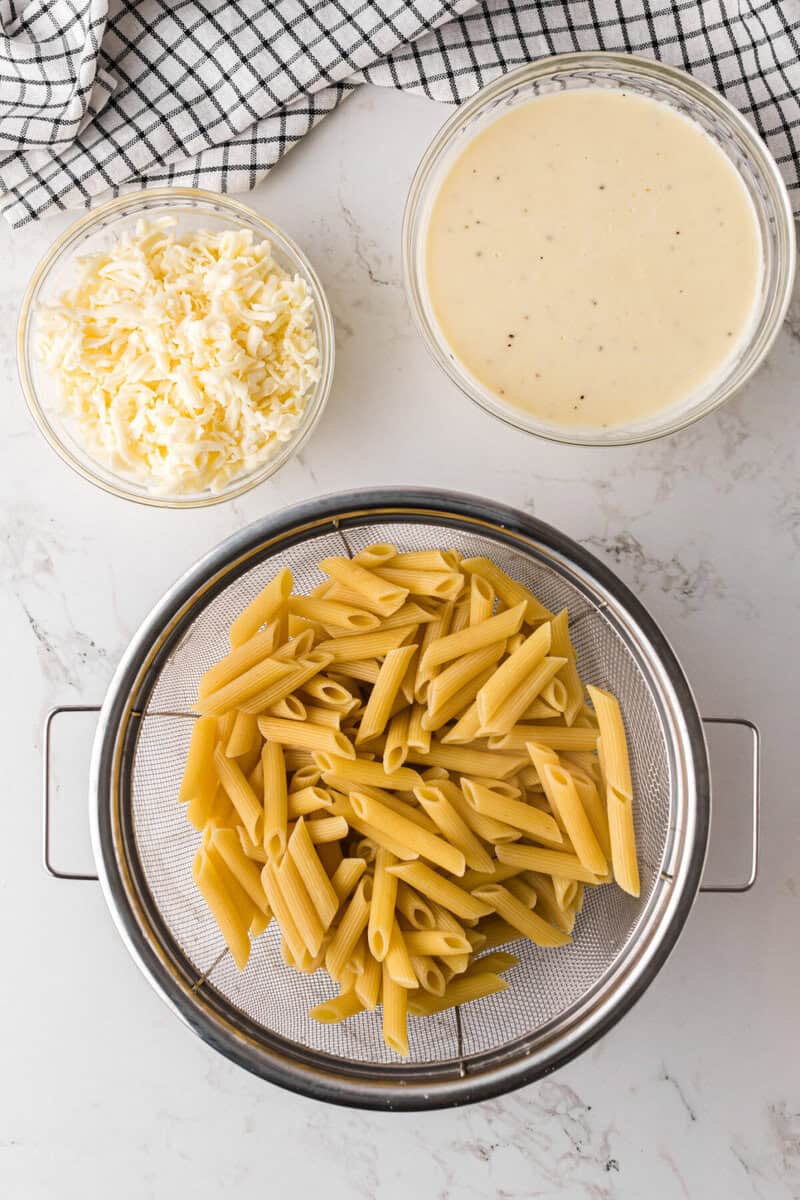 penne in a colander.