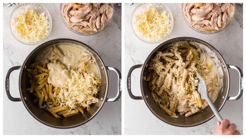 penne pasta and creamy alfredo sauce being mixed together in a large pot