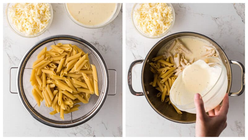 penne pasta draining in a colander cooked al dente for chicken alfredo casserole