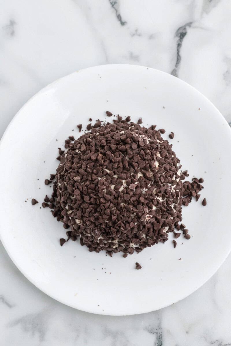 cheeseball rolled in the chocolate chips.