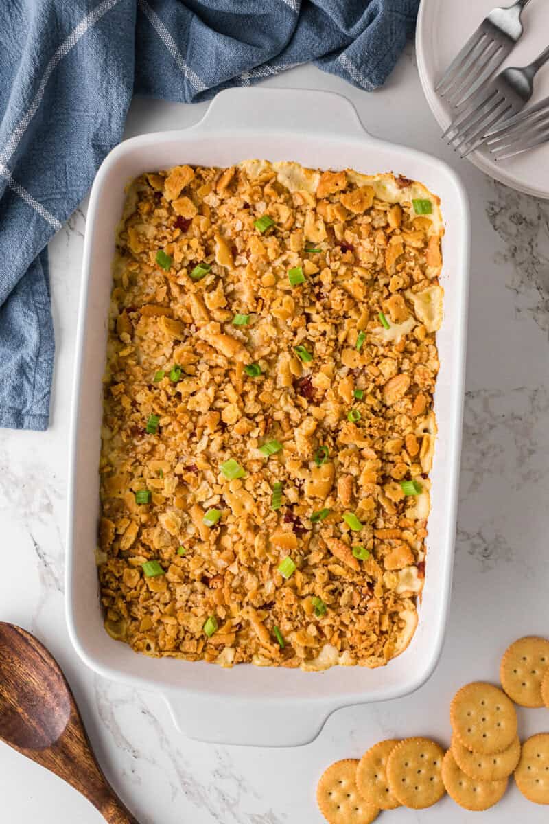 Million Dollar Chicken Casserole baked in a white casserole dish.