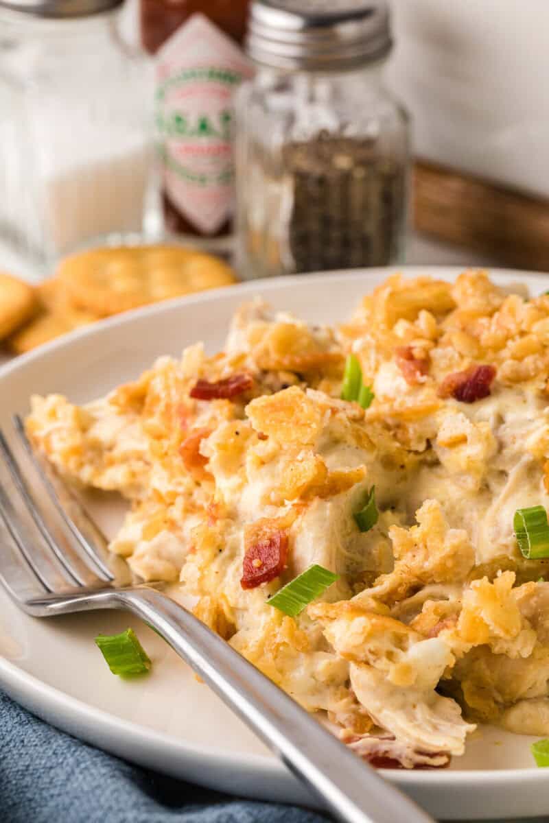 closeup of the casserole served on a white plate.
