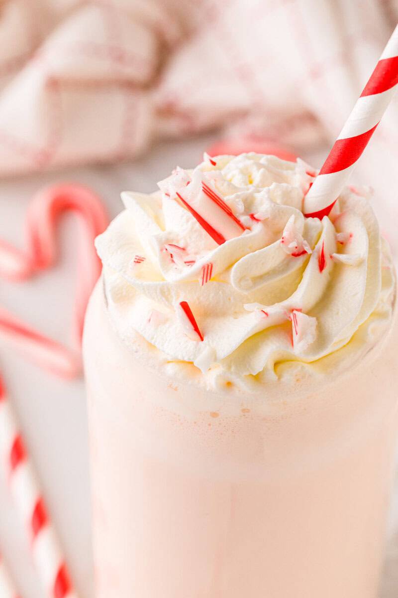 closeup of the Peppermint Milkshake in a glass.