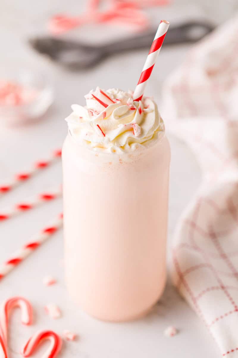 glass of the Peppermint Milkshake topped with whipped cream.
