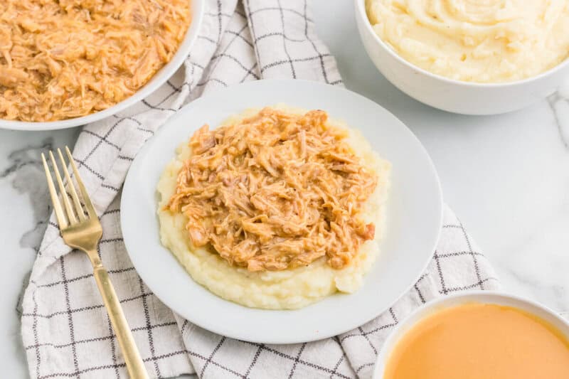 Plate of the Slow Cooker Chicken and Gravy on top of Mashed Potatoes.