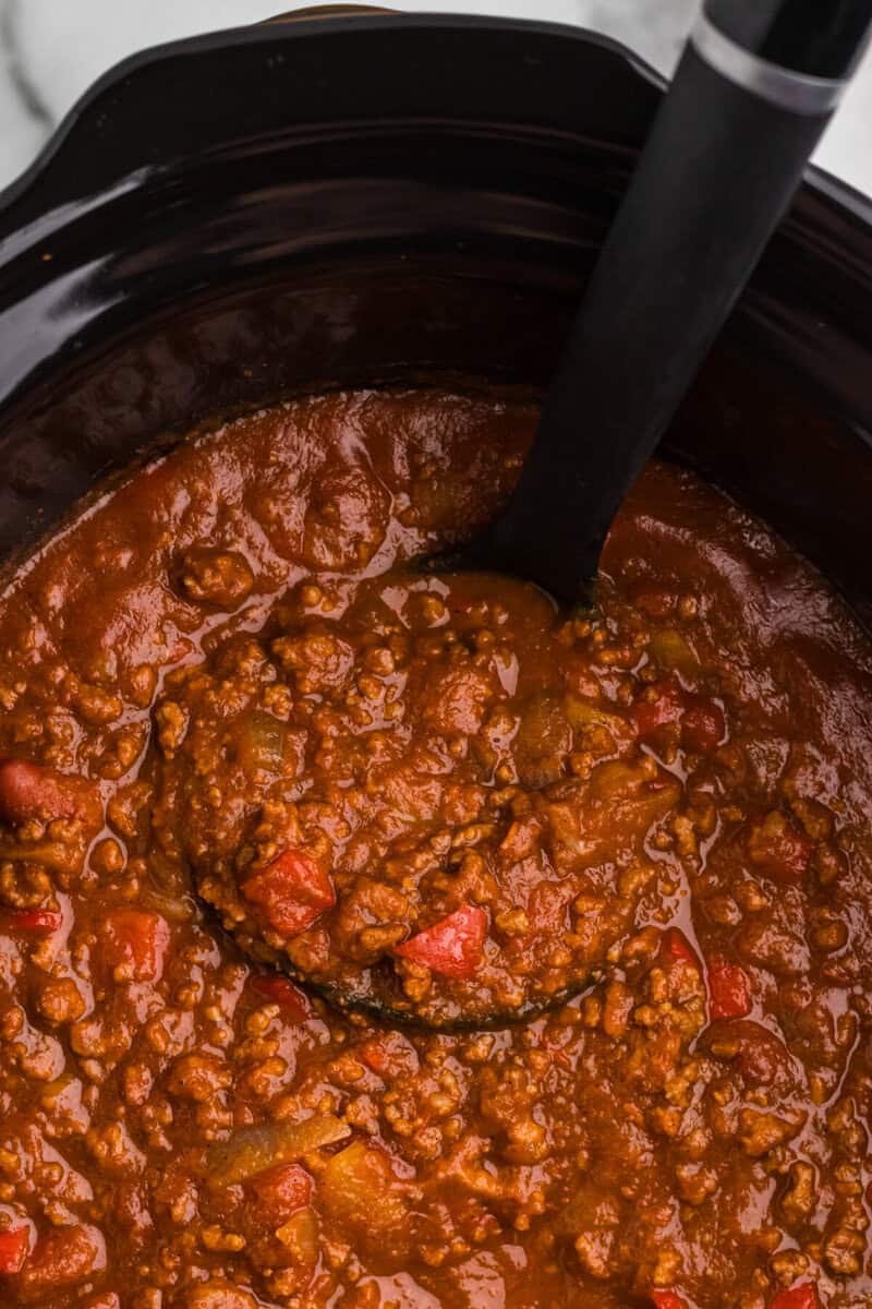 closeup of of the Pumpkin Chili being served with a ladle.