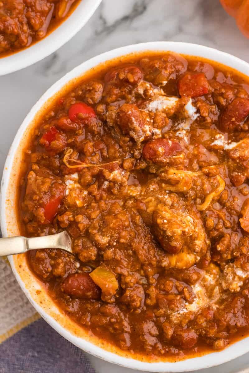 closeup of the Pumpkin Chili served in a white bowl.
