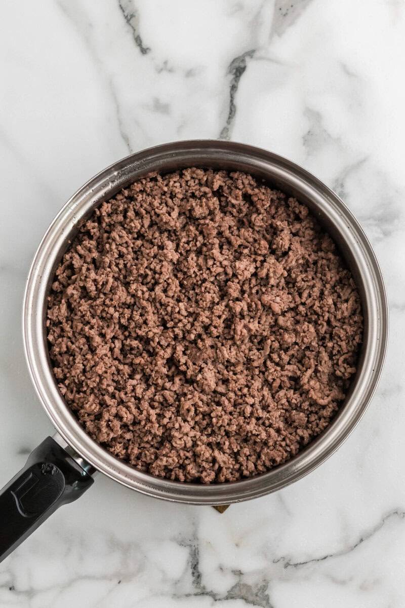 cooked ground beef in a pan.