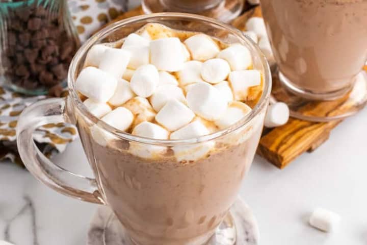 Closeup of a mug of the Slow Cooker Hot Chocolate.