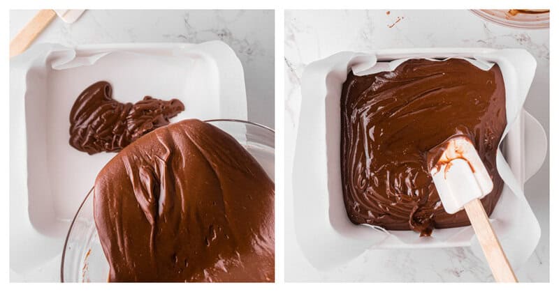 pouring fudge into dish