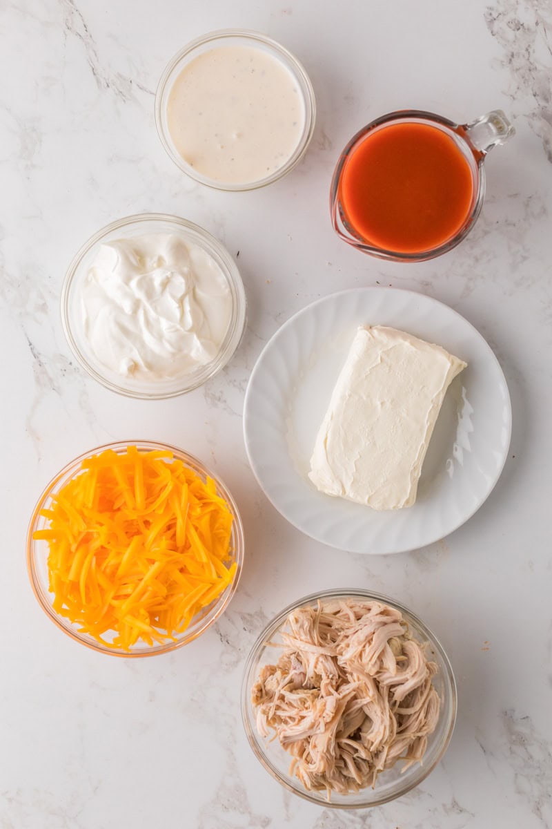 ingredients for the Buffalo Chicken Dip.