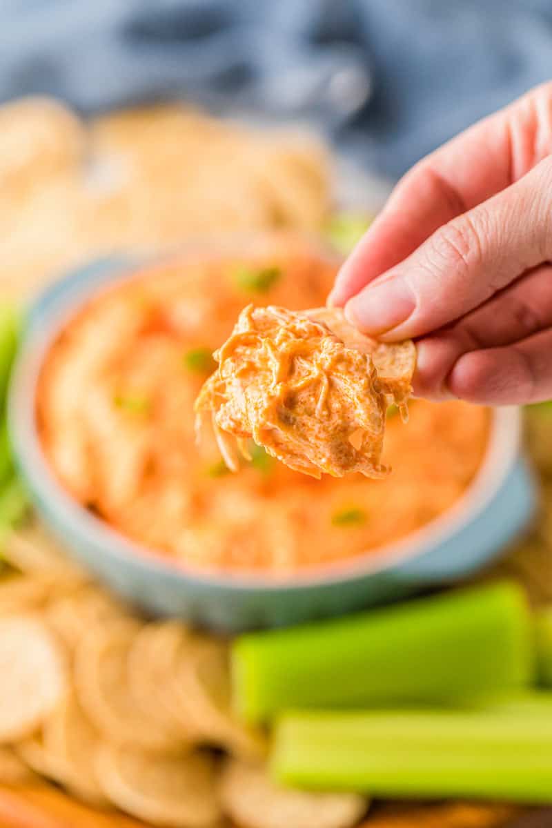 closeup of the Buffalo Chicken Dip on a tortilla chip in hand.