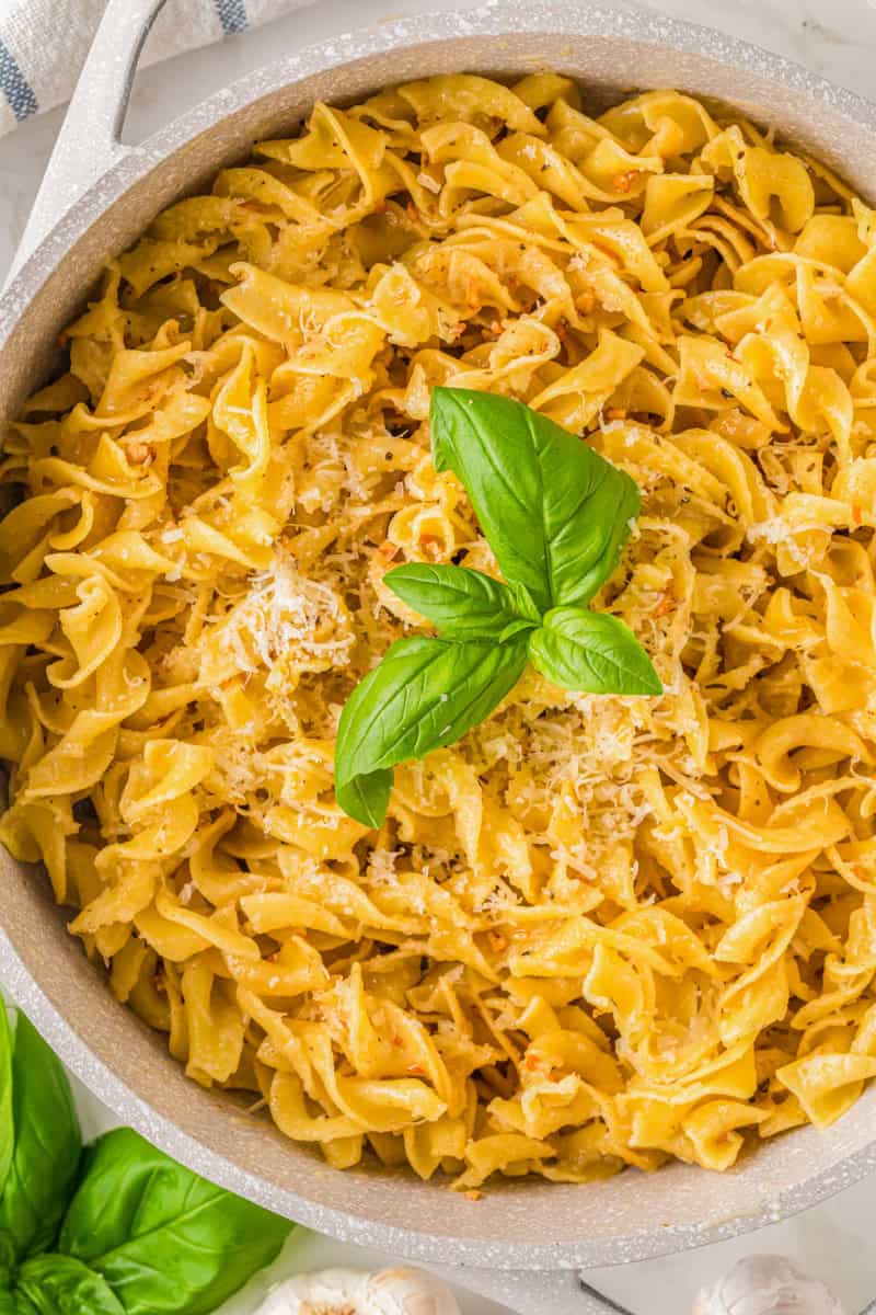 top-down closeup view of the butter noodles in the pot.