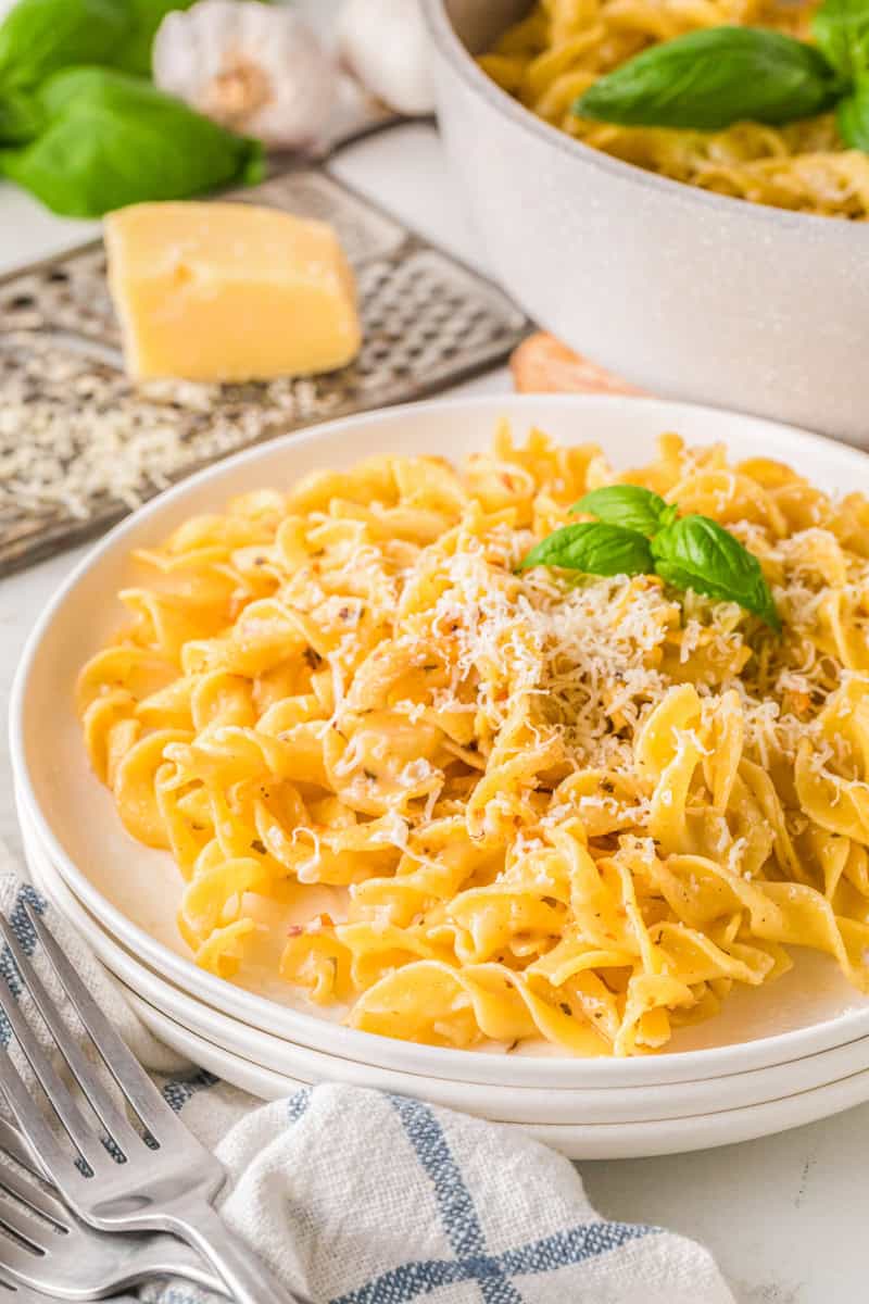 the butter noodles served on a white plate.