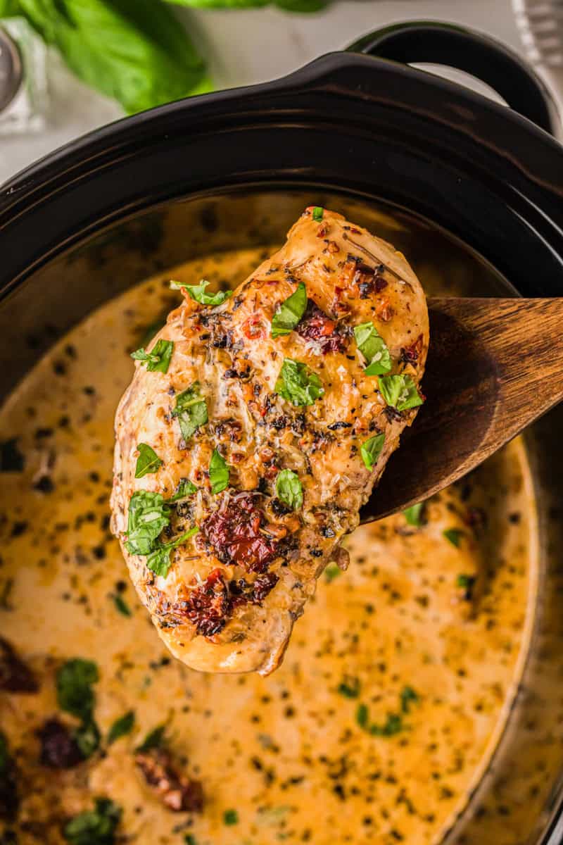 closeup of the Marry Me Chicken on a wooden spoon served out of the slow cooker.