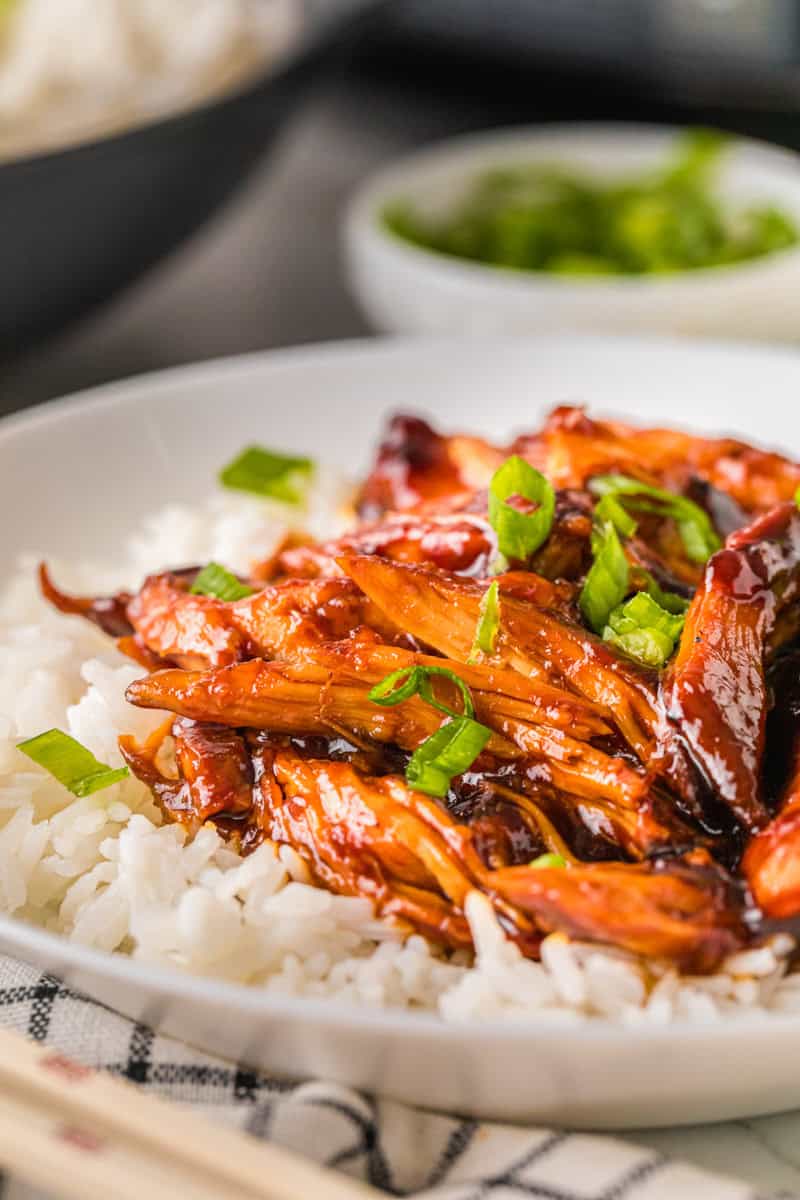 closeup of the Orange Chicken served on top of white rice.