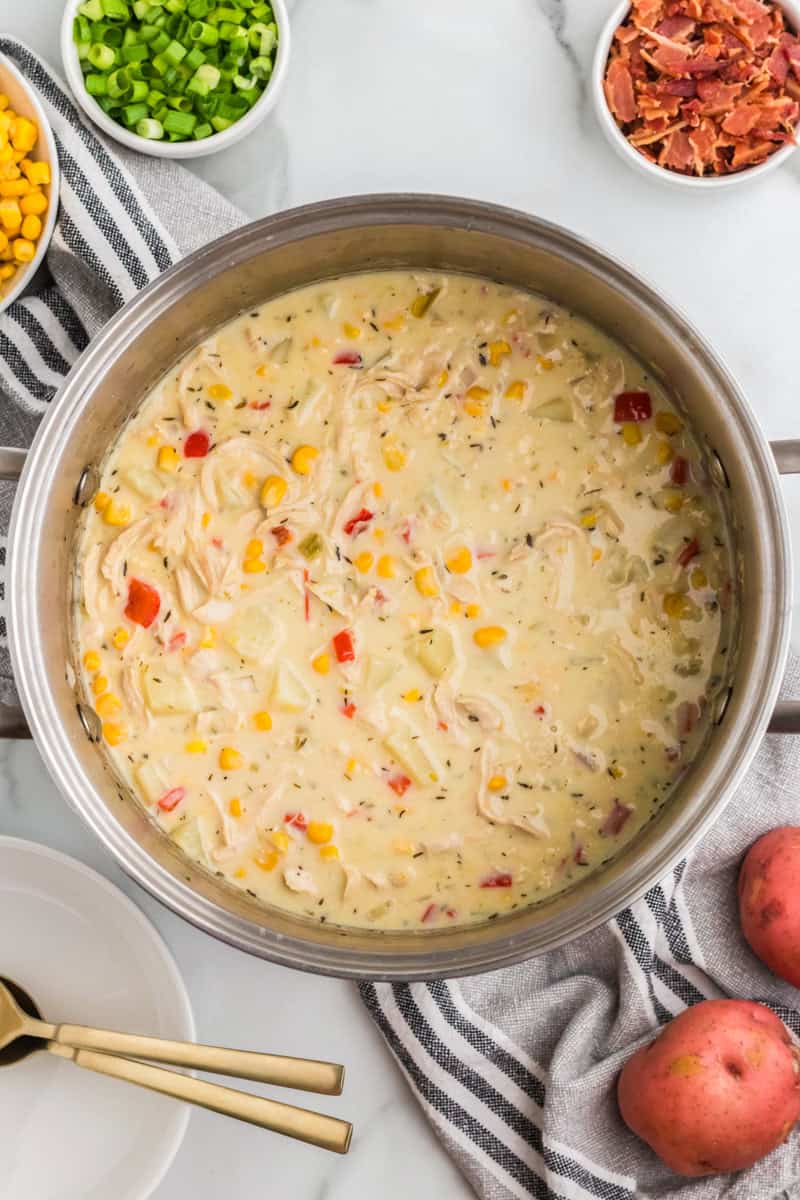 Cooked Chicken Chowder in the pot.
