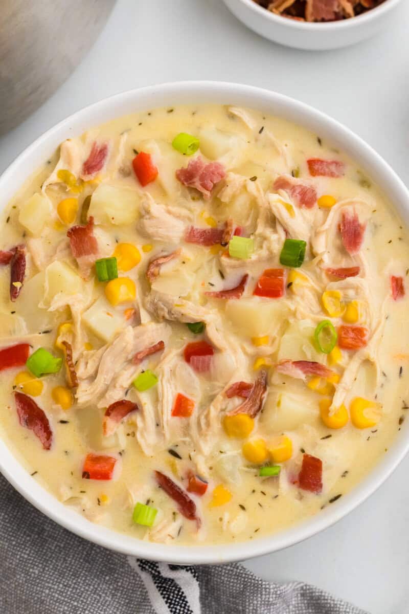 top-down view of the chowder served in a white bowl.