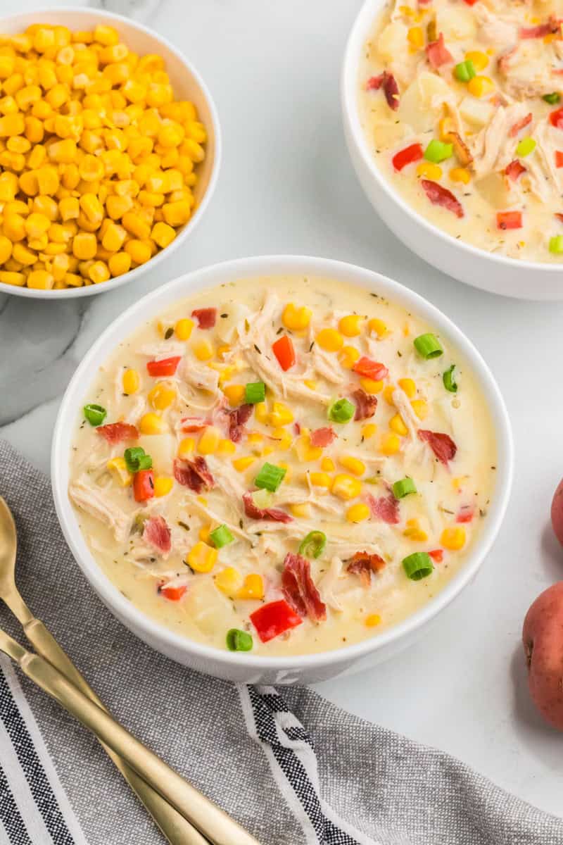 two bowls of the chicken corn chowder,