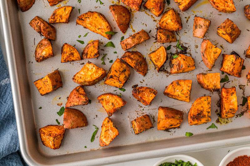 top-down view of the roasted sweet potatoes.