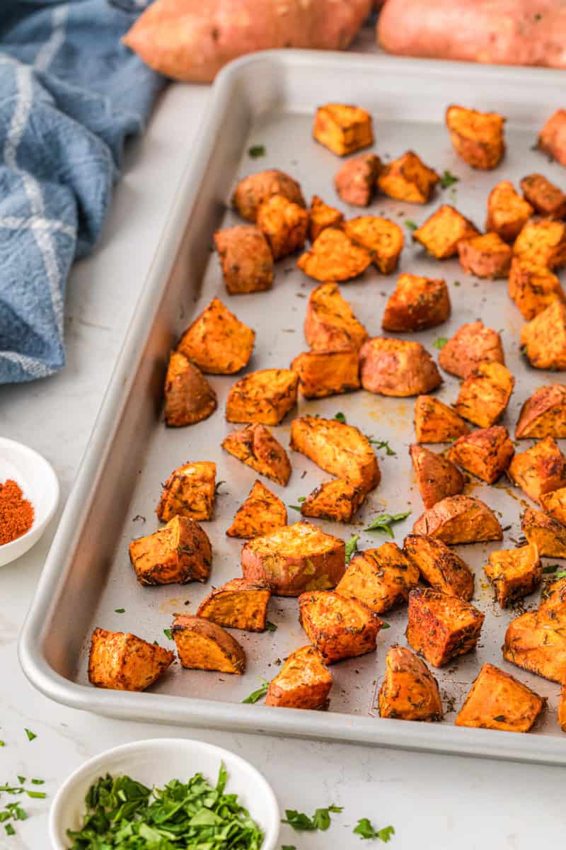 closeup of the roasted sweet potatoes.
