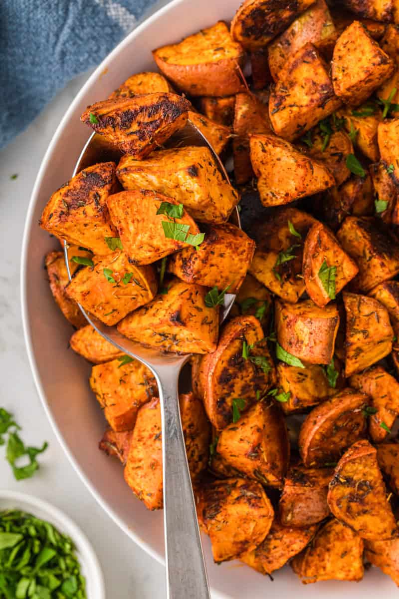 closeup of the roasted sweet potatoes.