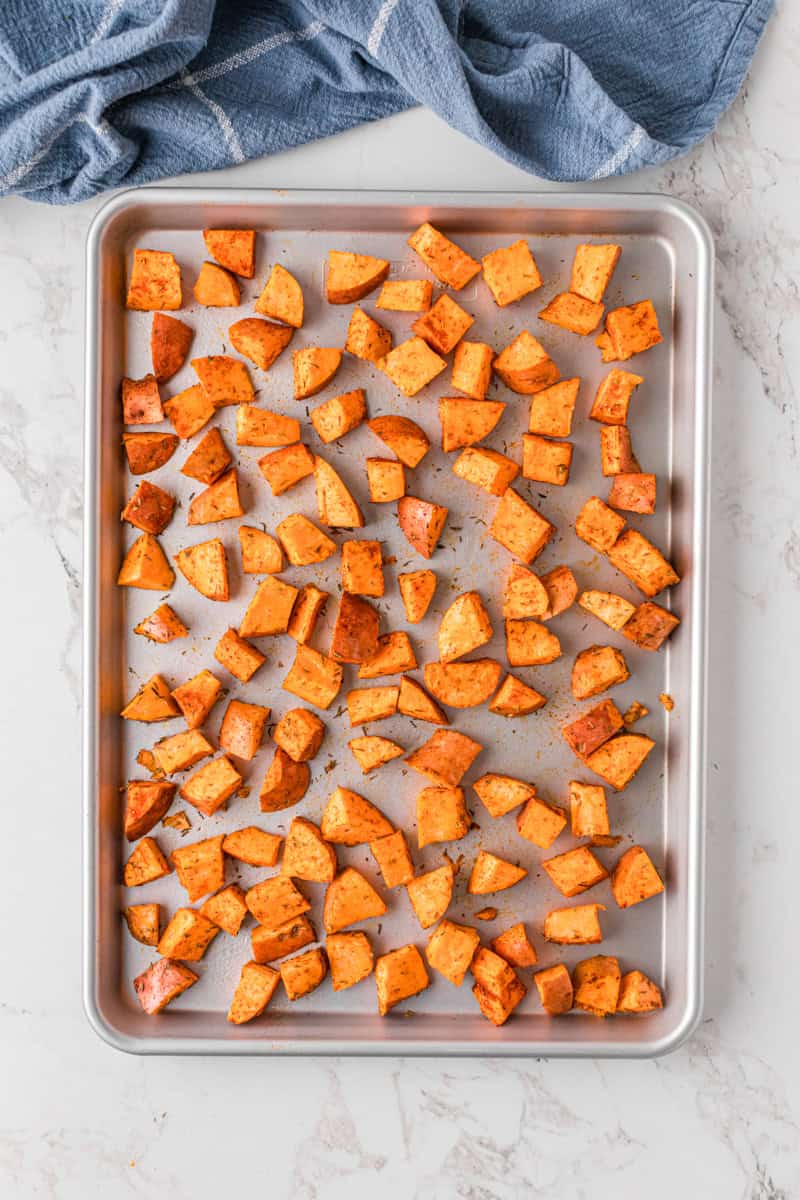 sweet potatoes on the baking sheet.