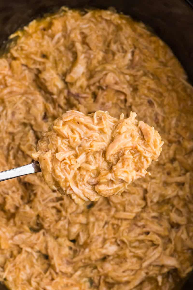 closeup of the Chicken being served on a metal spoon.