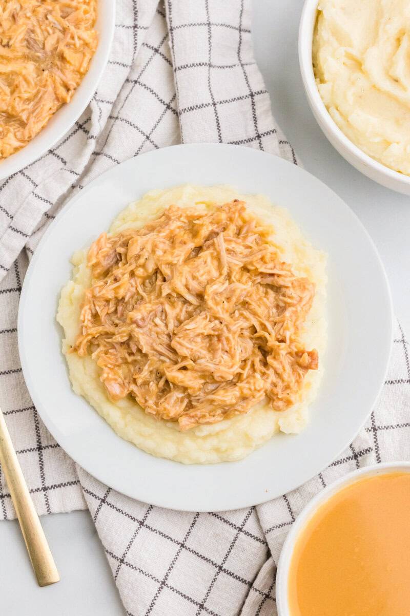 top-down view of the Chicken and Gravy served on top of mashed potatoes.