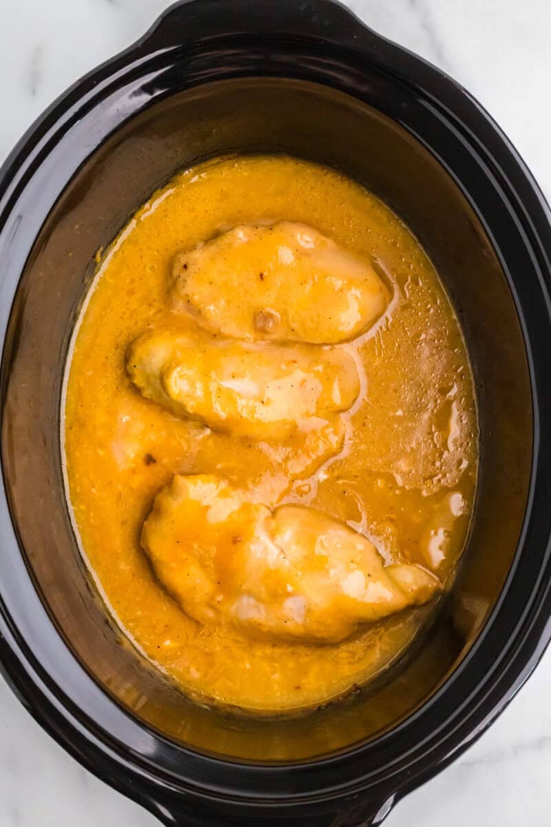 chicken cooking in the slow cooker.