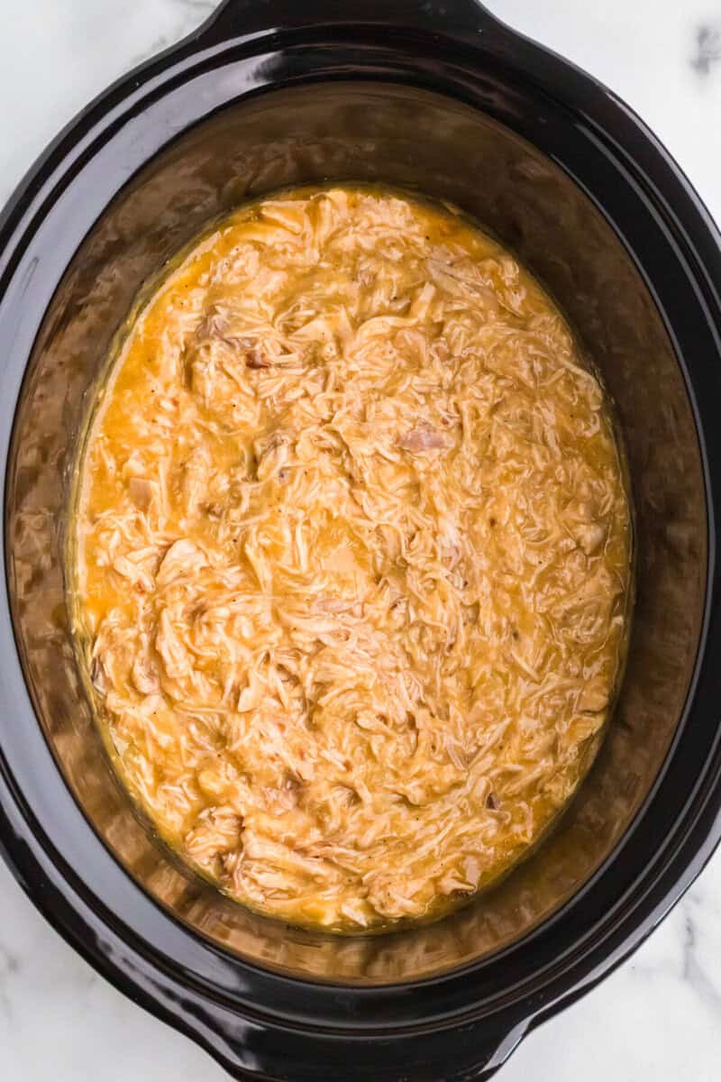 chicken shredded in the slow cooker.