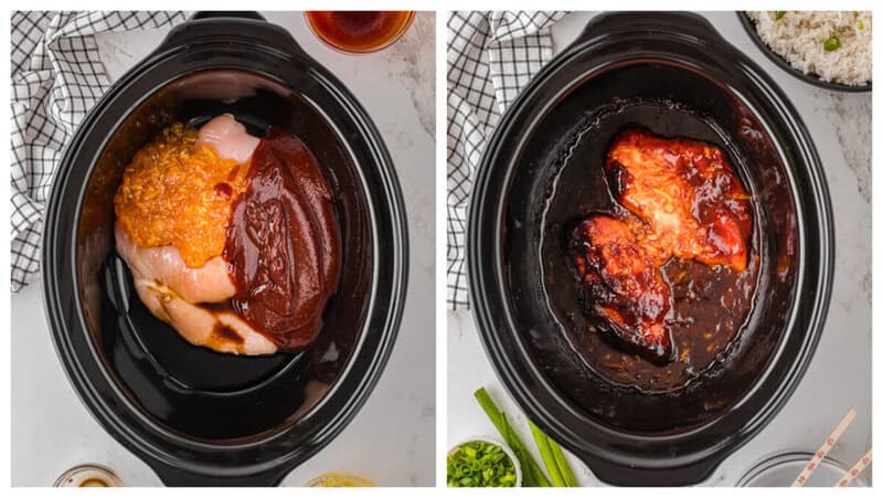 top-down view of slow cooker orange chicken.