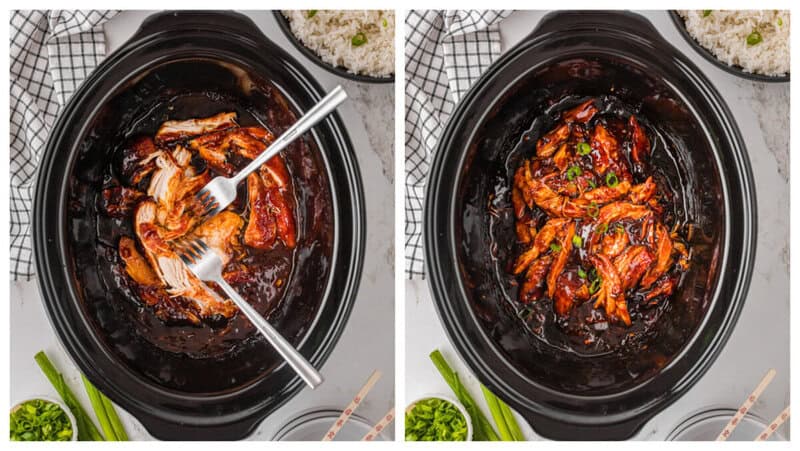 shredding the chicken in the slow cooker.