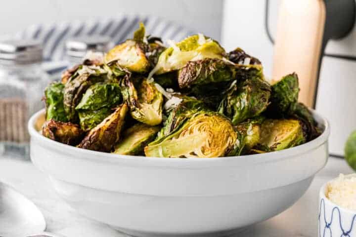 Air Fryer Brussel Sprouts served in a large white bowl.
