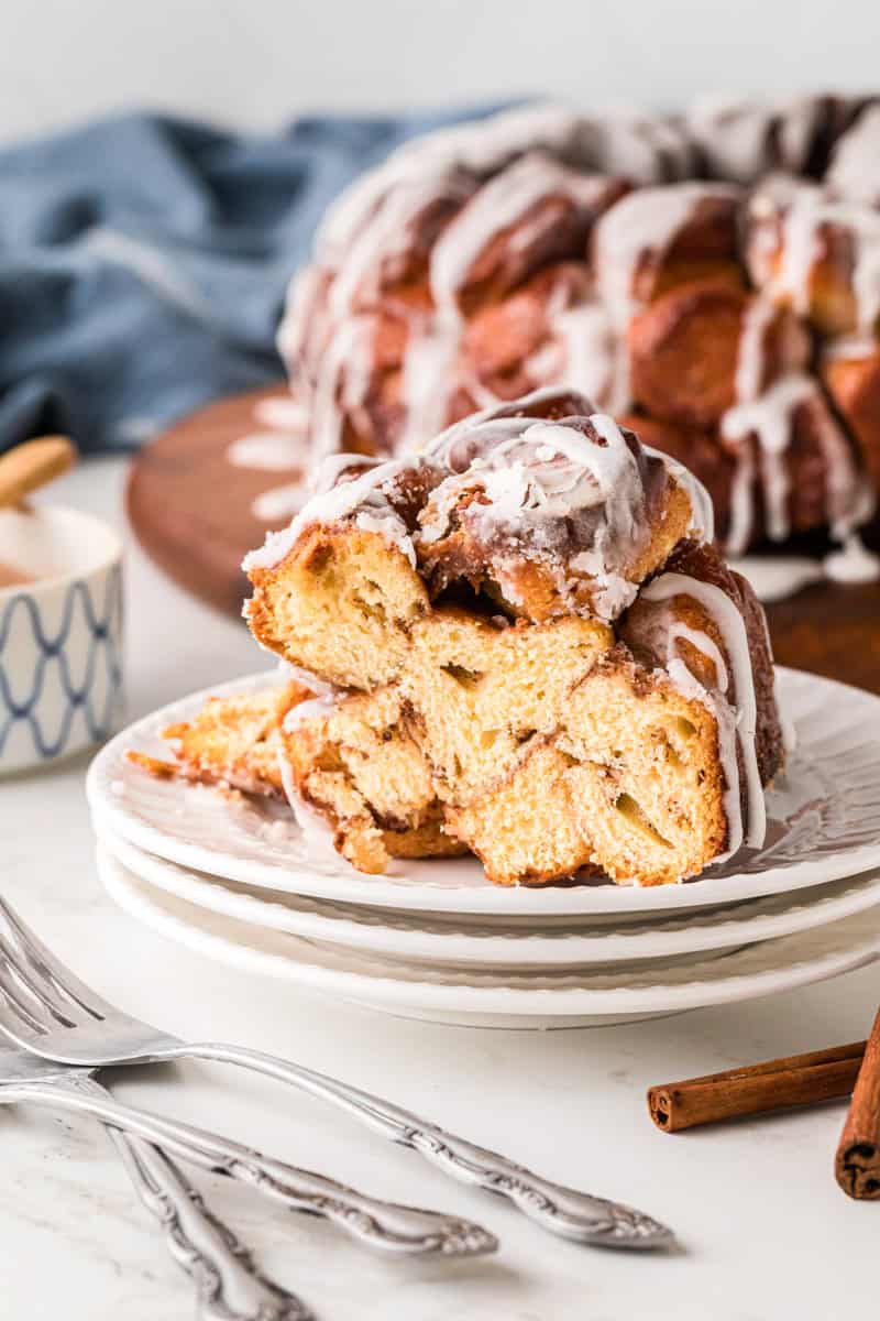 slice of the monkey bread on a white plate.