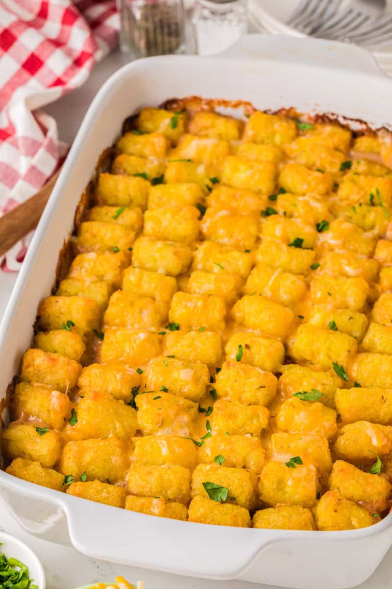 baked Cowboy Casserole closeup in the casserole dish.