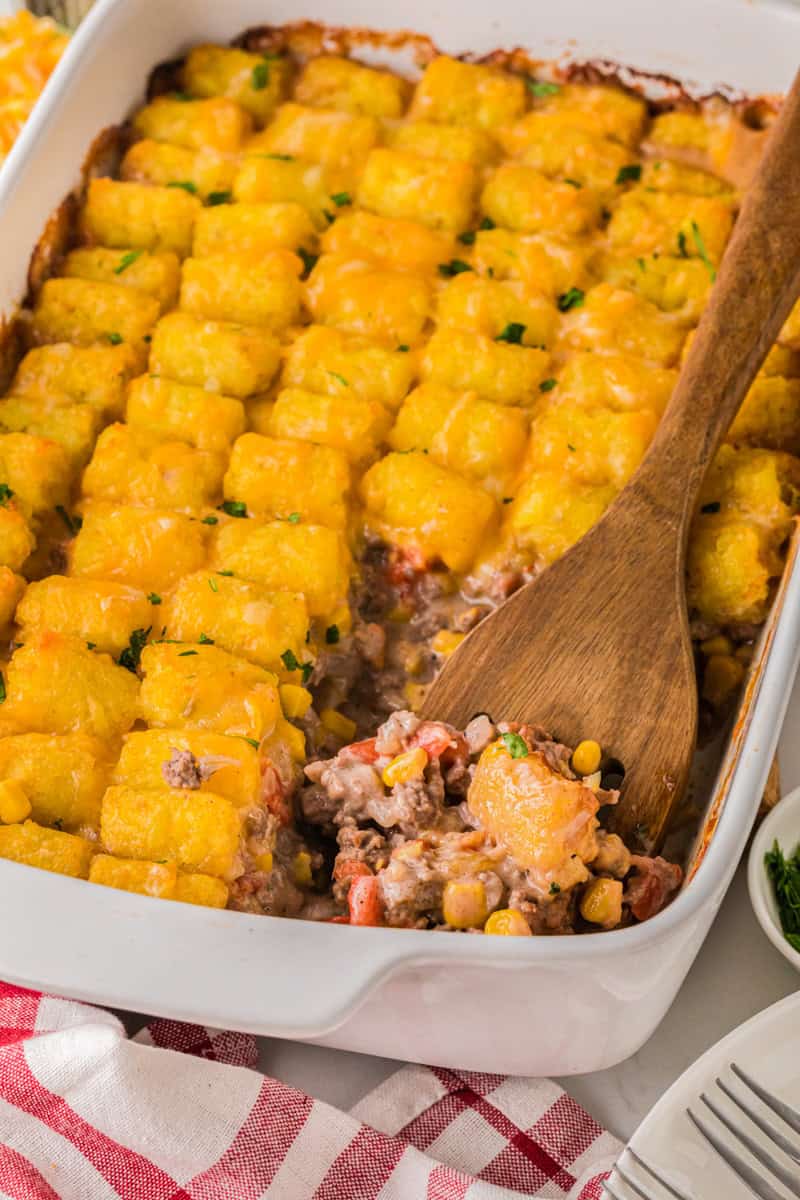 serving the Cowboy Casserole out of the baking dish.