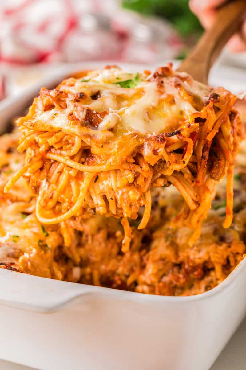 serving the Million Dollar Spaghetti out of the baking dish.