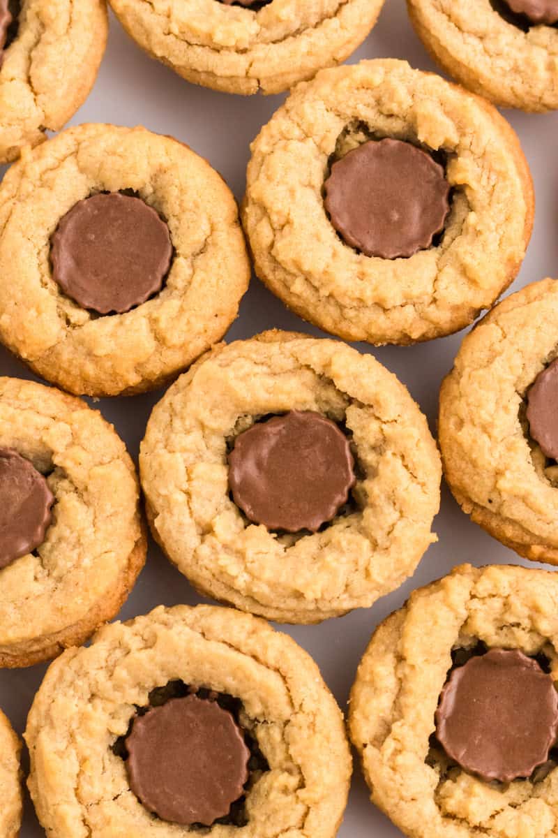 top-down closeup view of the peanut butter cup cookies.