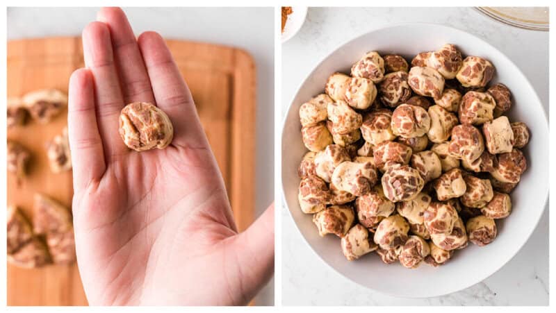 rolling the cut cinnamon roll dough into balls.